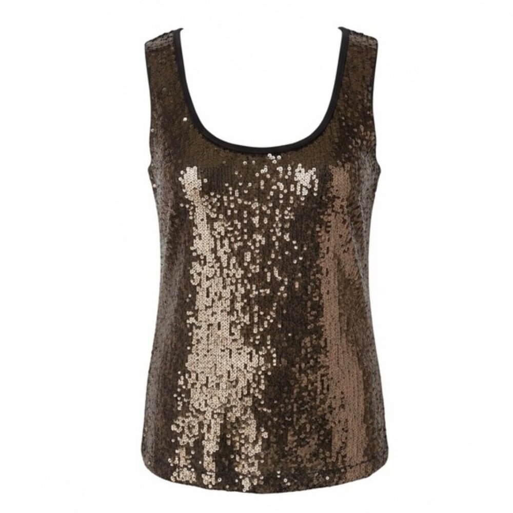 Elie Tahari Dark Brown Sequin Sleeveless Scoop Neck Silk Blend Top Size Medium